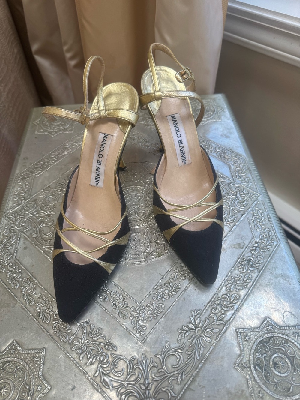 Manolo Blahnik Black and Gold Pointed Toe Slingback Heels